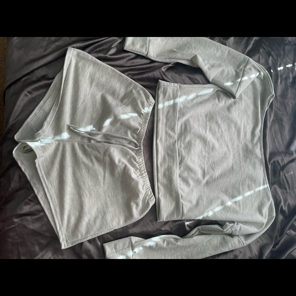 Gray set off shoulder long sleeve crop top and matching shorts